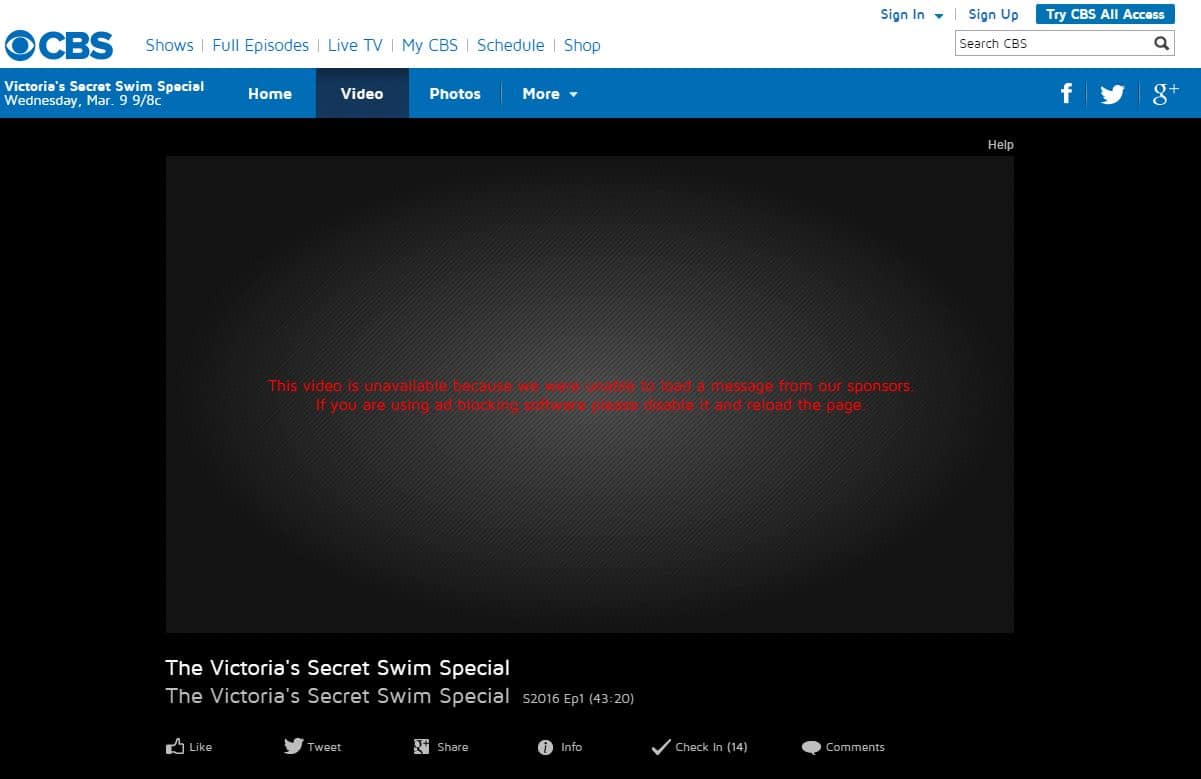 CBS Blocks Victoria's Secret Swim Special to Ad Blockers